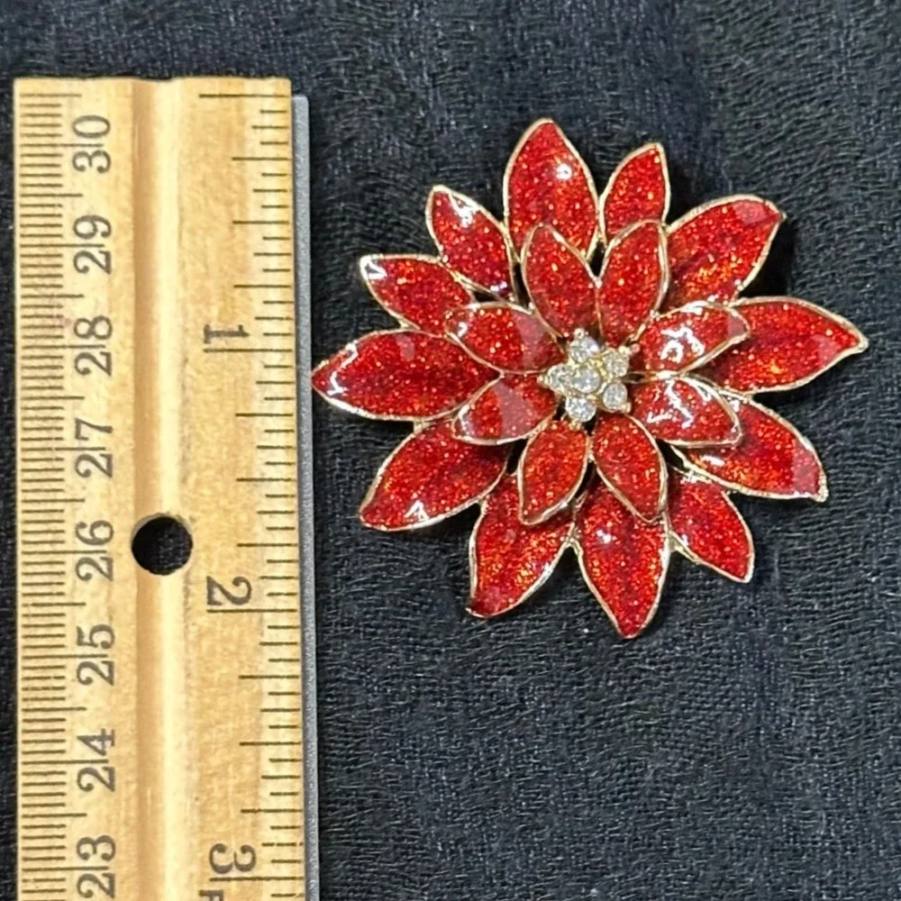 Vintage Poinsettia Brooch Red Glitter Enamel Rhinestone‎ Christmas Pin
